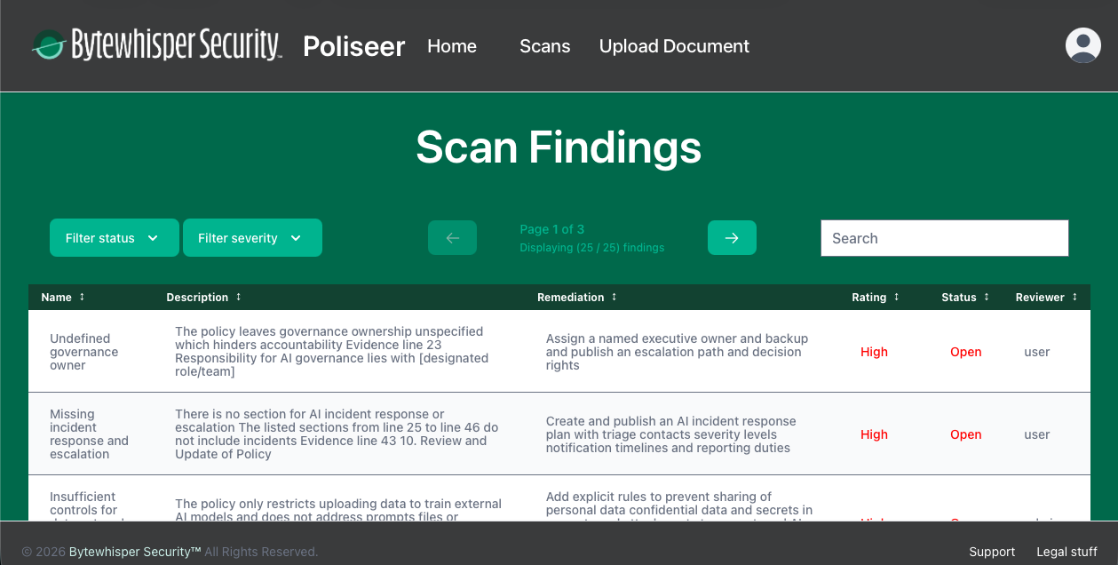 Poliseer Scan Findings view: prioritized policy gaps with remediation guidance, severity ratings, and reviewer status